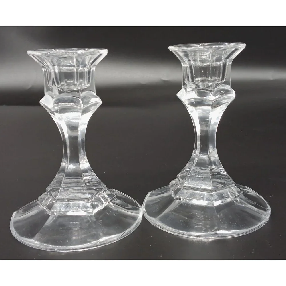 Clear Glass Candle Holders Pair Geometric Faceted Candlesticks Pedestal 4
